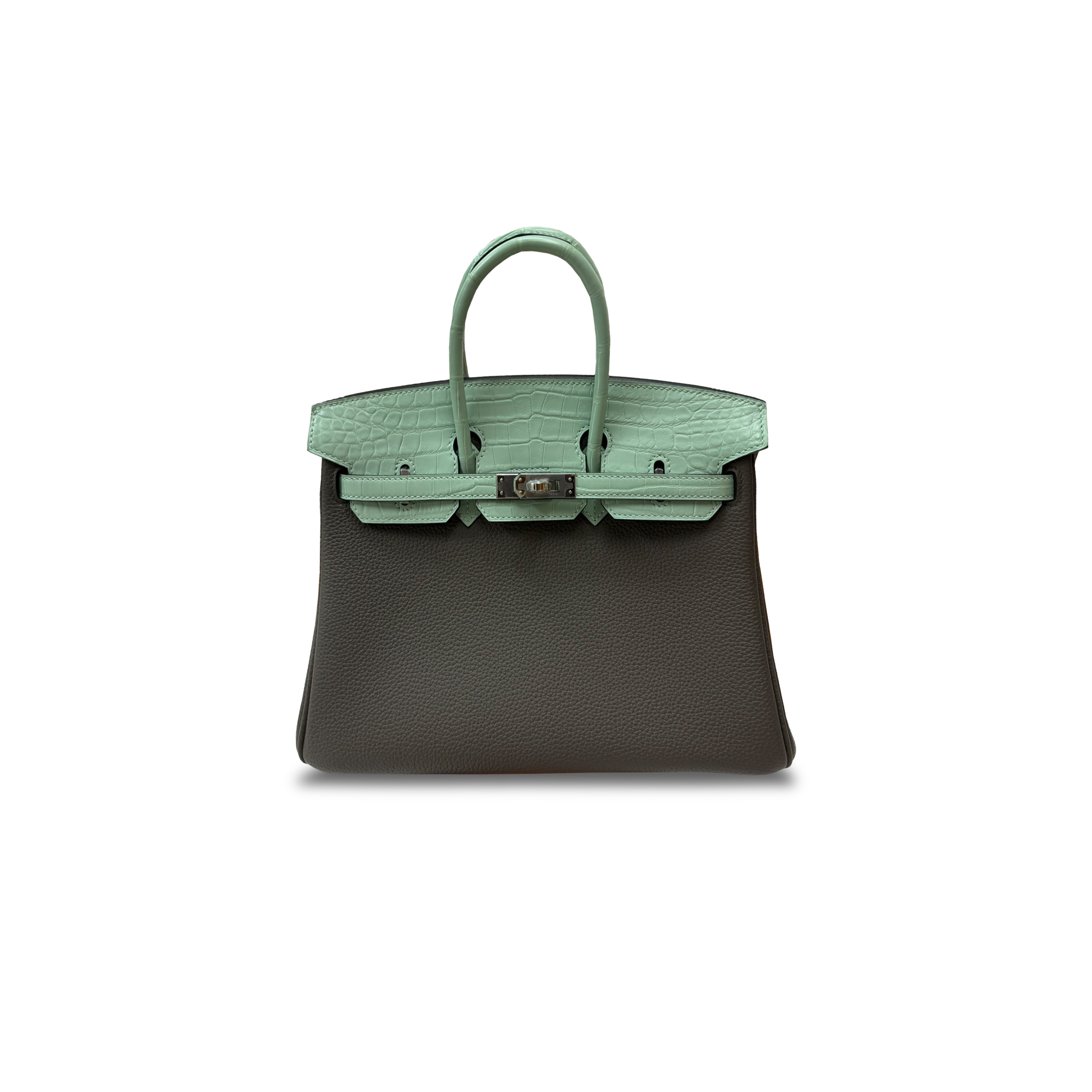 H**mes master birkin 25 crocodile and togo leather avocado green and pewter grey silver buckle h076216ckbl (25*20*13cm)